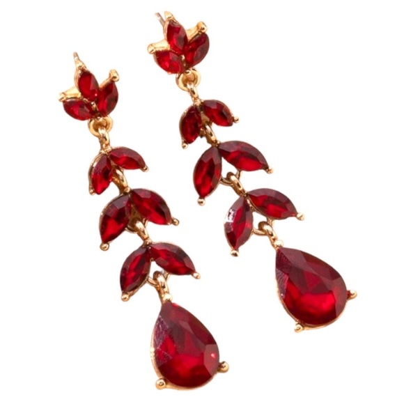 Red Dangle Earrings Red Rhinestone Earrings Red Vine Earrings Red Bridal Jewelry - Picture 4 of 4